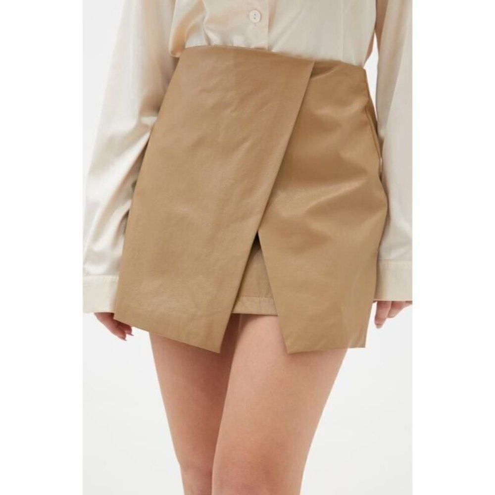 Lioness Skirt Brown Vegan Faux‎ Leather Mini  Faux Wrap Skirt Size Large